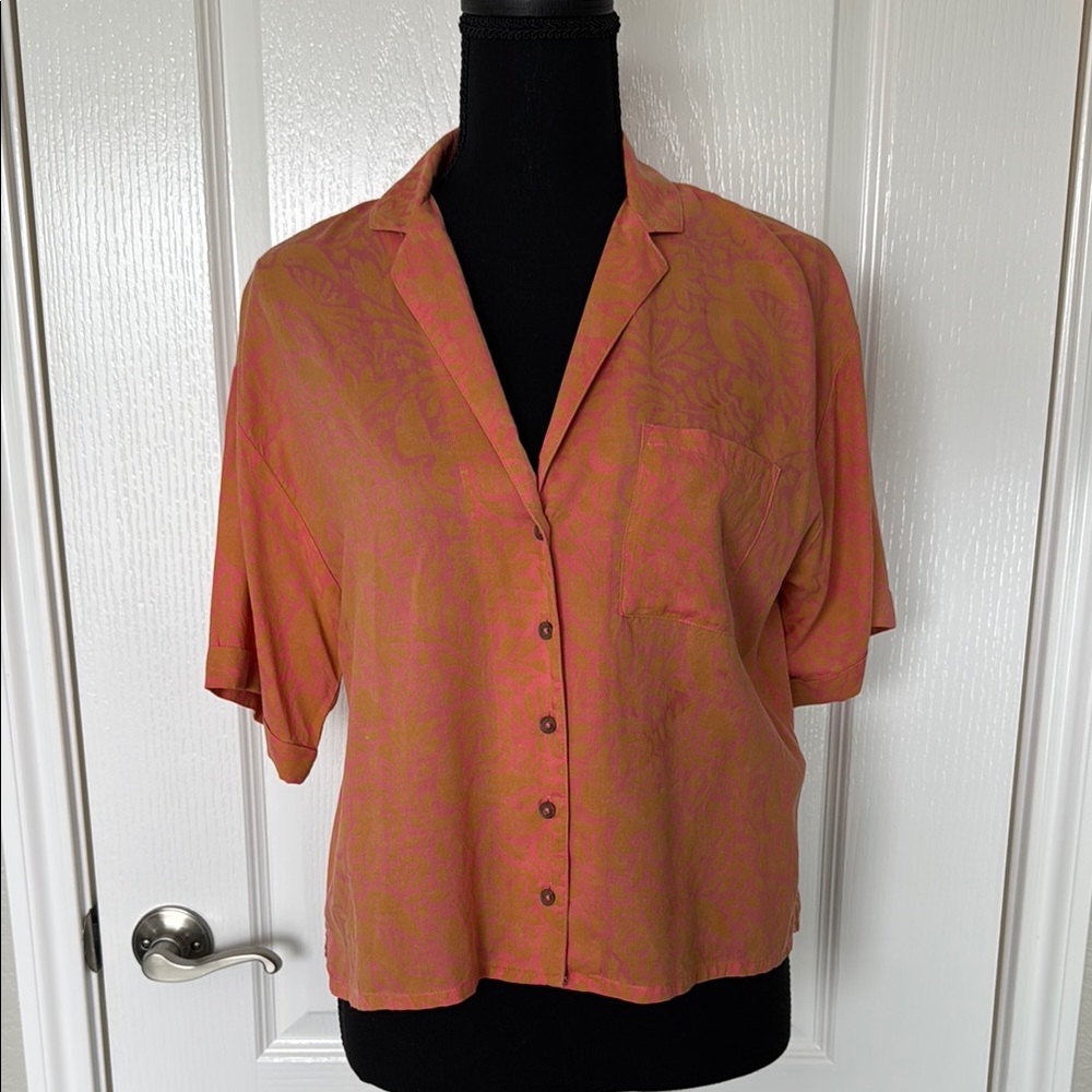 Prana Orange Short Sleeve Boxy Button Down Shirt